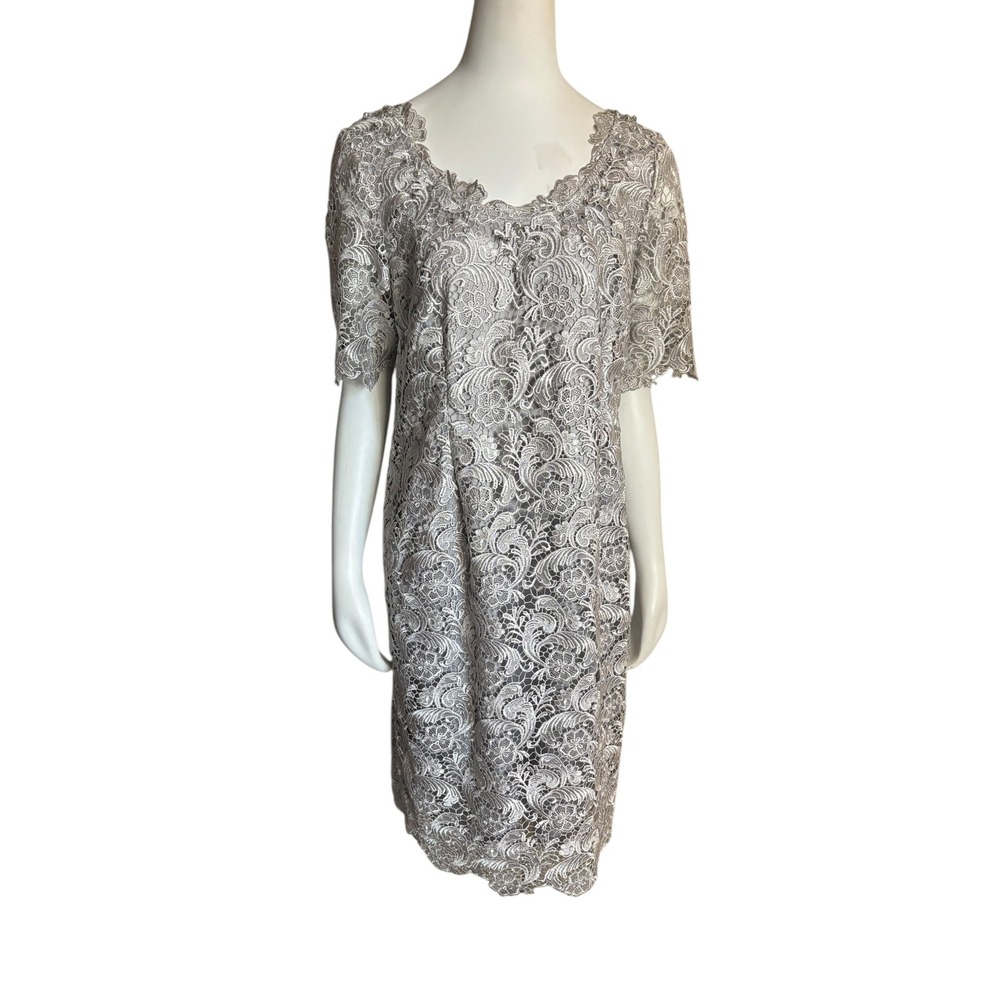Elegant Silver Lace Sheath Dress Knee Length Short Sleeve Special Occasion S 12 - Picture 8 of 10